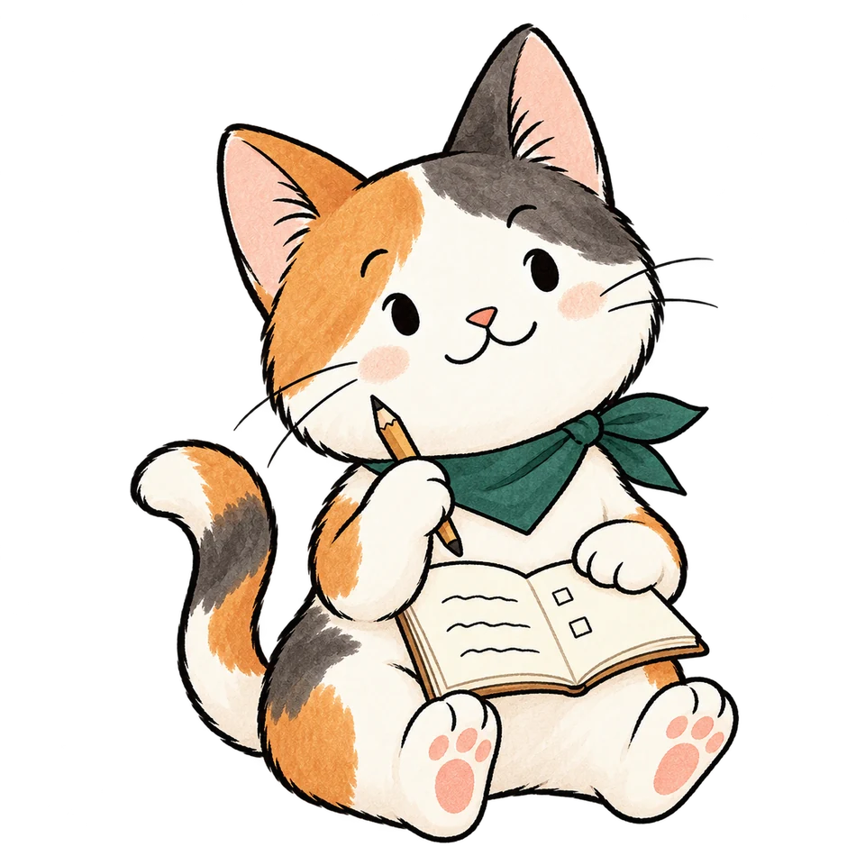 ノートと鉛筆を持って、副業の候補を一緒に考える三毛猫