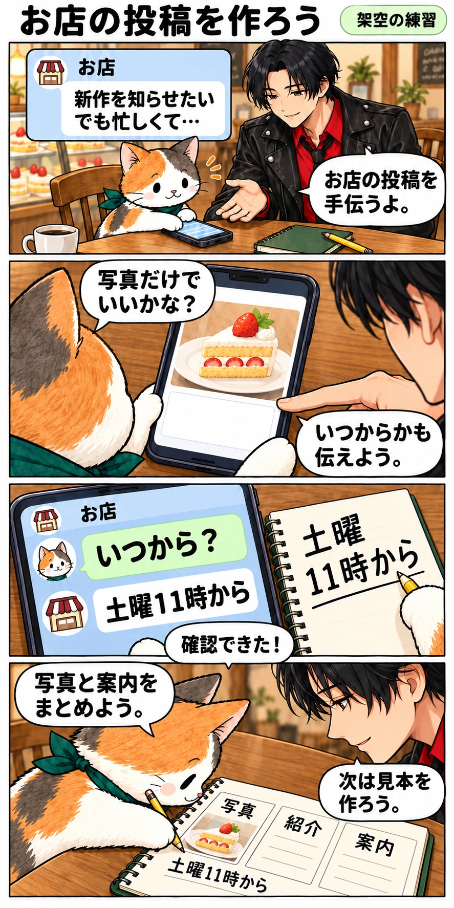 架空のカフェの投稿作りを手伝う第1章。写真だけでは不足すると気づき、猫が販売開始を店に確認して土曜11時からとメモし、投稿の骨組みを書く4コマ漫画。