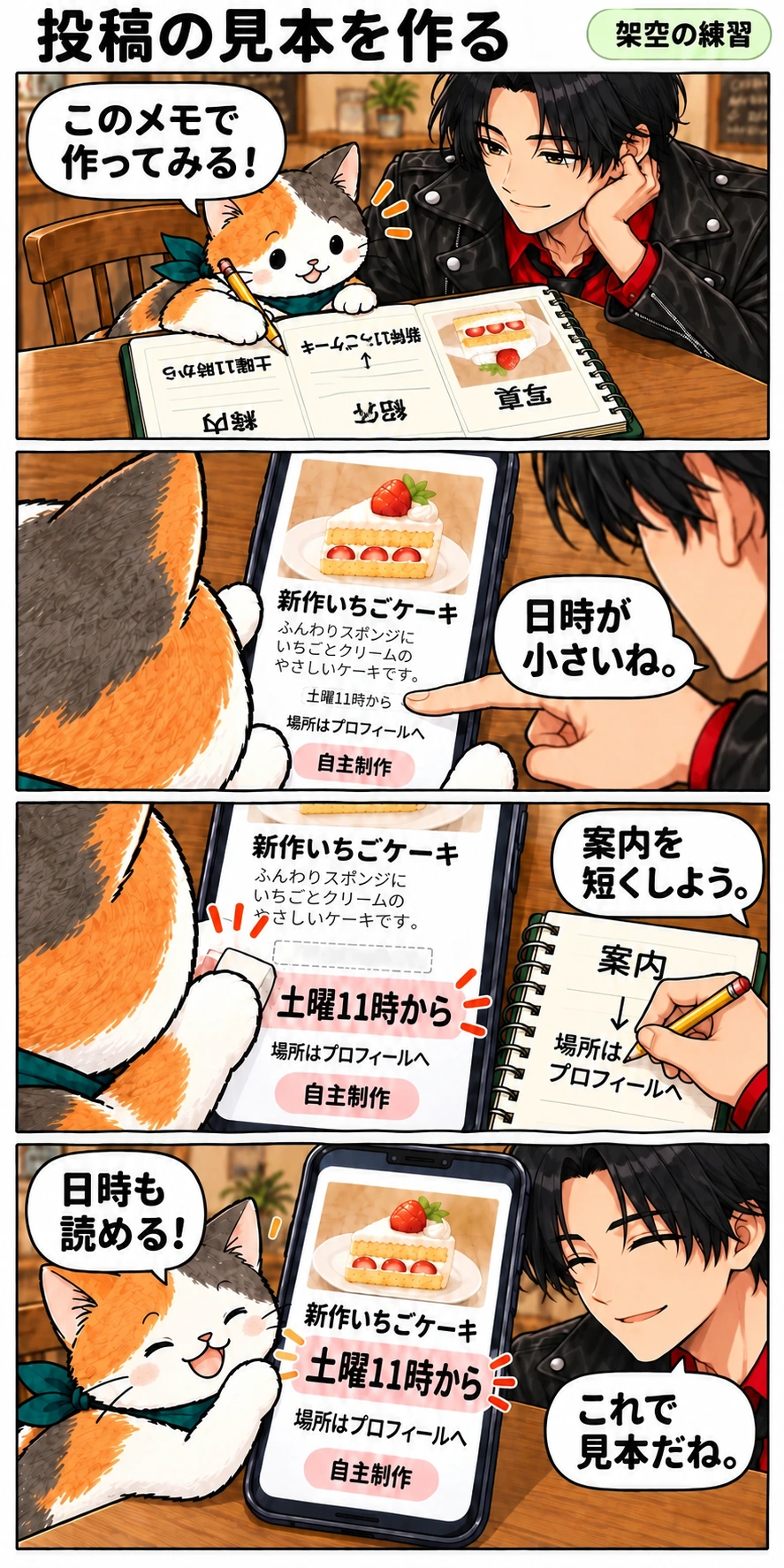 架空カフェの新作ケーキ投稿の見本を作る第2章。日時が小さいと気づき、猫が説明を減らして「土曜11時から」を大きく直す4コマ漫画。